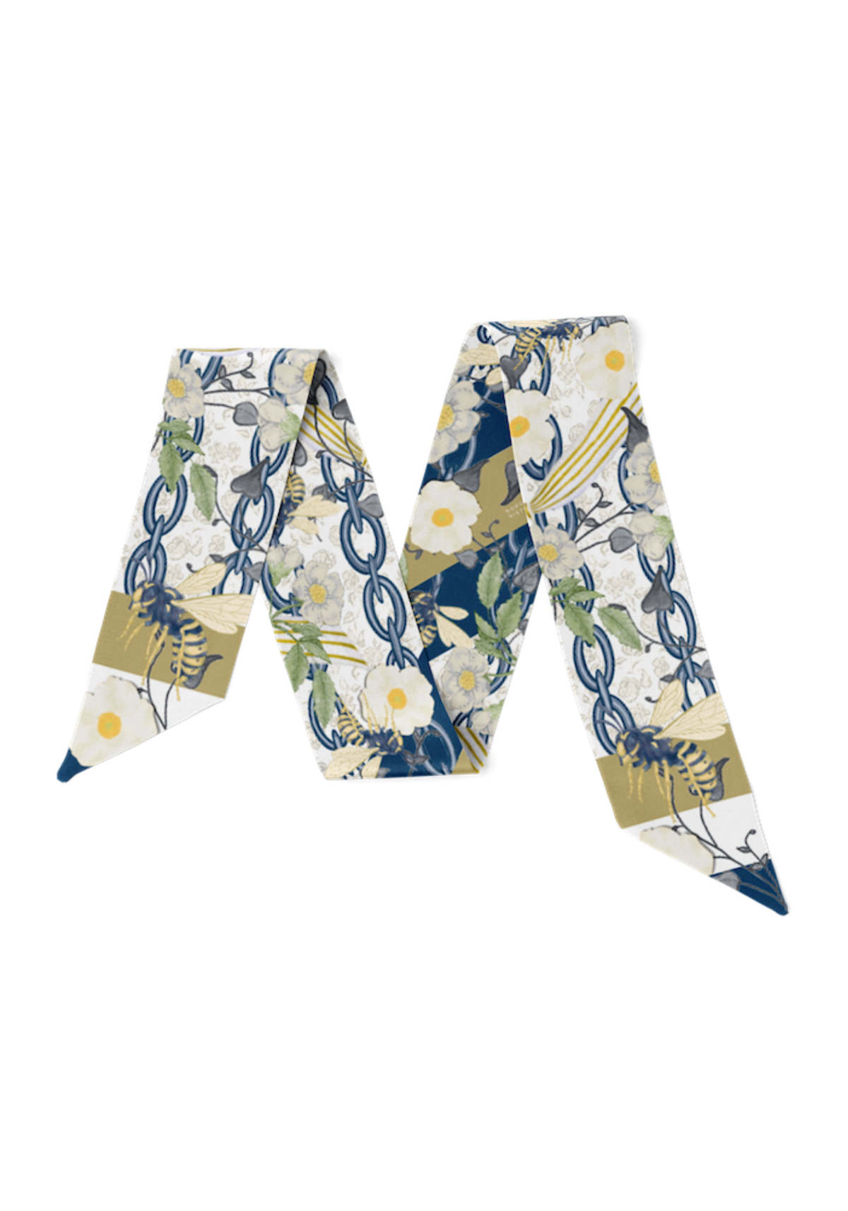 Navy & Gold Heirloom Scarflette™ — 100% silk hand-illustrated scarflette