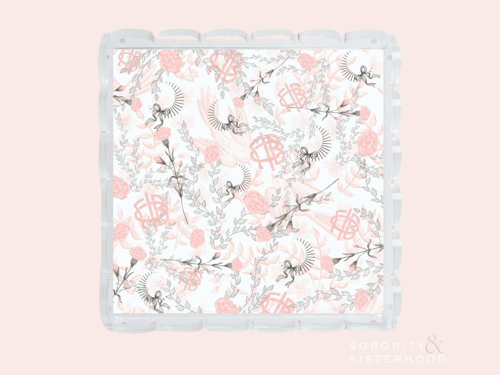 Square ceramic tray with scalloped edges, decorated with pink floral and black vine design and Gamma Phi Beta monogram.
