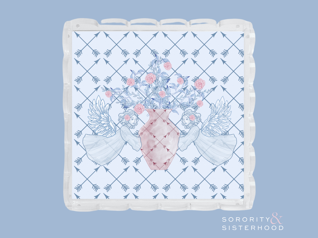 White acrylic tray with scalloped edges and blue plaid pattern, featuring pink floral arrangement and greenery design in the .