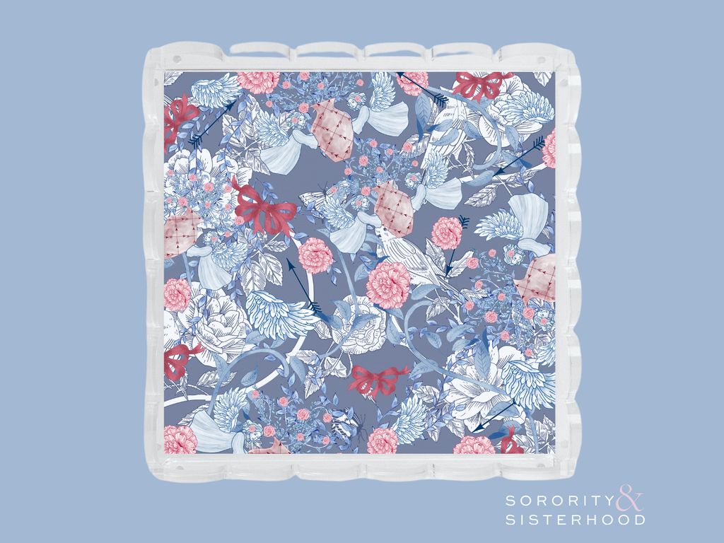 Acrylic tray with scalloped edges featuring a blue floral pattern with pink and red accents.
