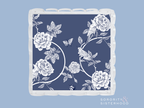 Square acrylic tray with scalloped edges, navy background, and white floral and butterfly design.