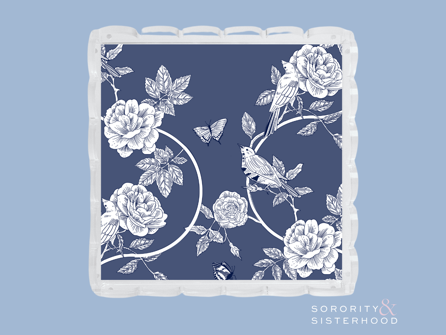 Square acrylic tray with scalloped edges, navy background, and white floral and butterfly design.