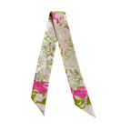 Pink and green floral silk scarflette with Delta Zeta logo and pointed ends.