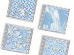 Set of three square trays with scalloped edges featuring blue floral and abstract patterns on clear bases.