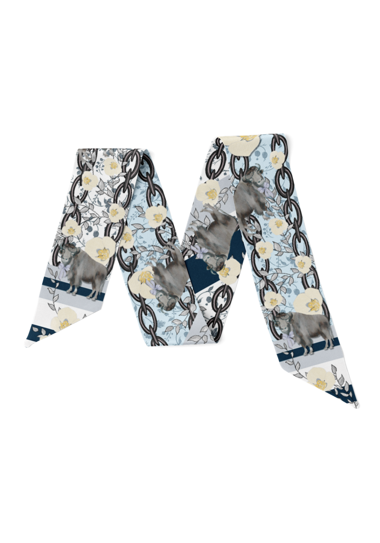 Navy, Cream & Gray Heirloom Scarflette™ — 100% silk hand-illustrated scarflette