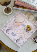 Square scalloped tray with pink bows, floral motifs, and gold detailing on white background.