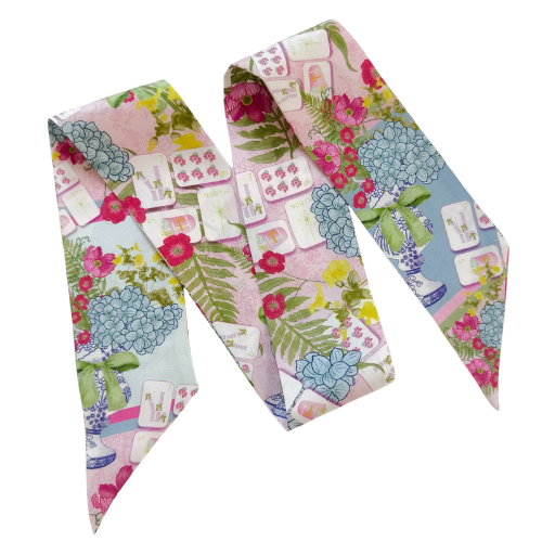 Silk scarflette with Mahjong tile pattern, pink floral and blue hydrangea accents.