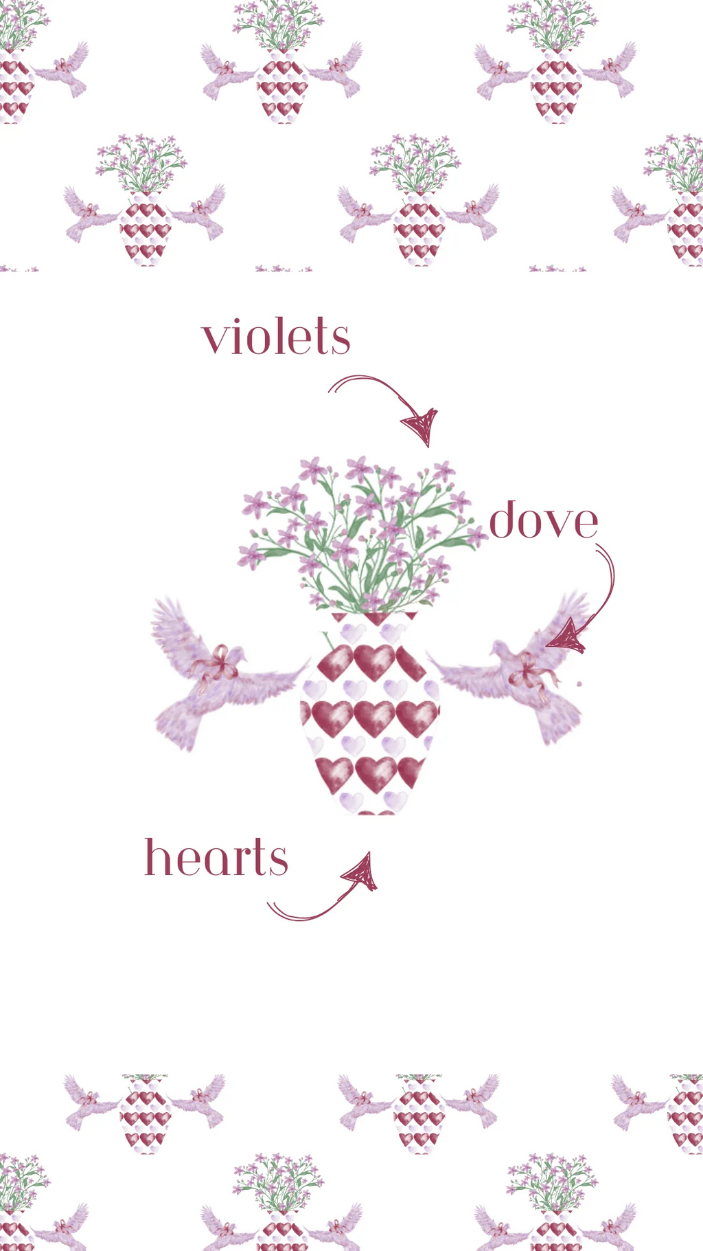 White pajama shorts with pink heart and violet flower pattern, soft cotton fabric.