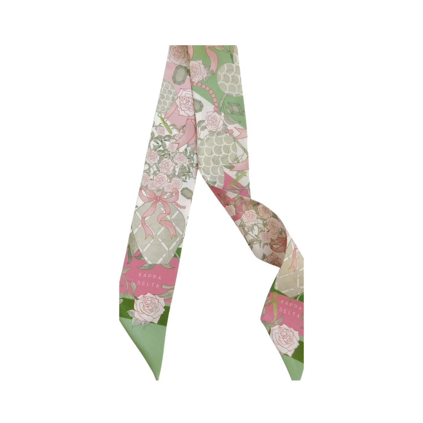 Pink and green floral patterned silk scarflette with geometric accents.