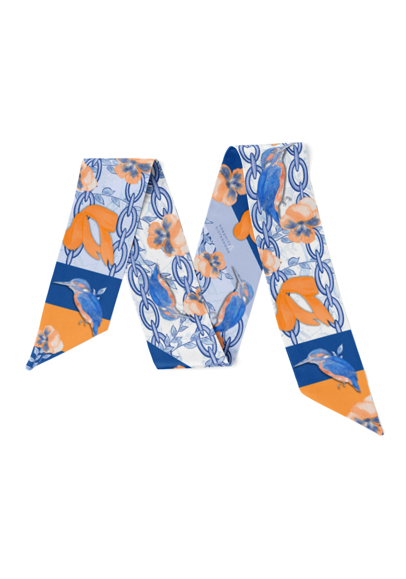 Cobalt & Orange Heirloom Scarflette™ — 100% silk hand-illustrated scarflette