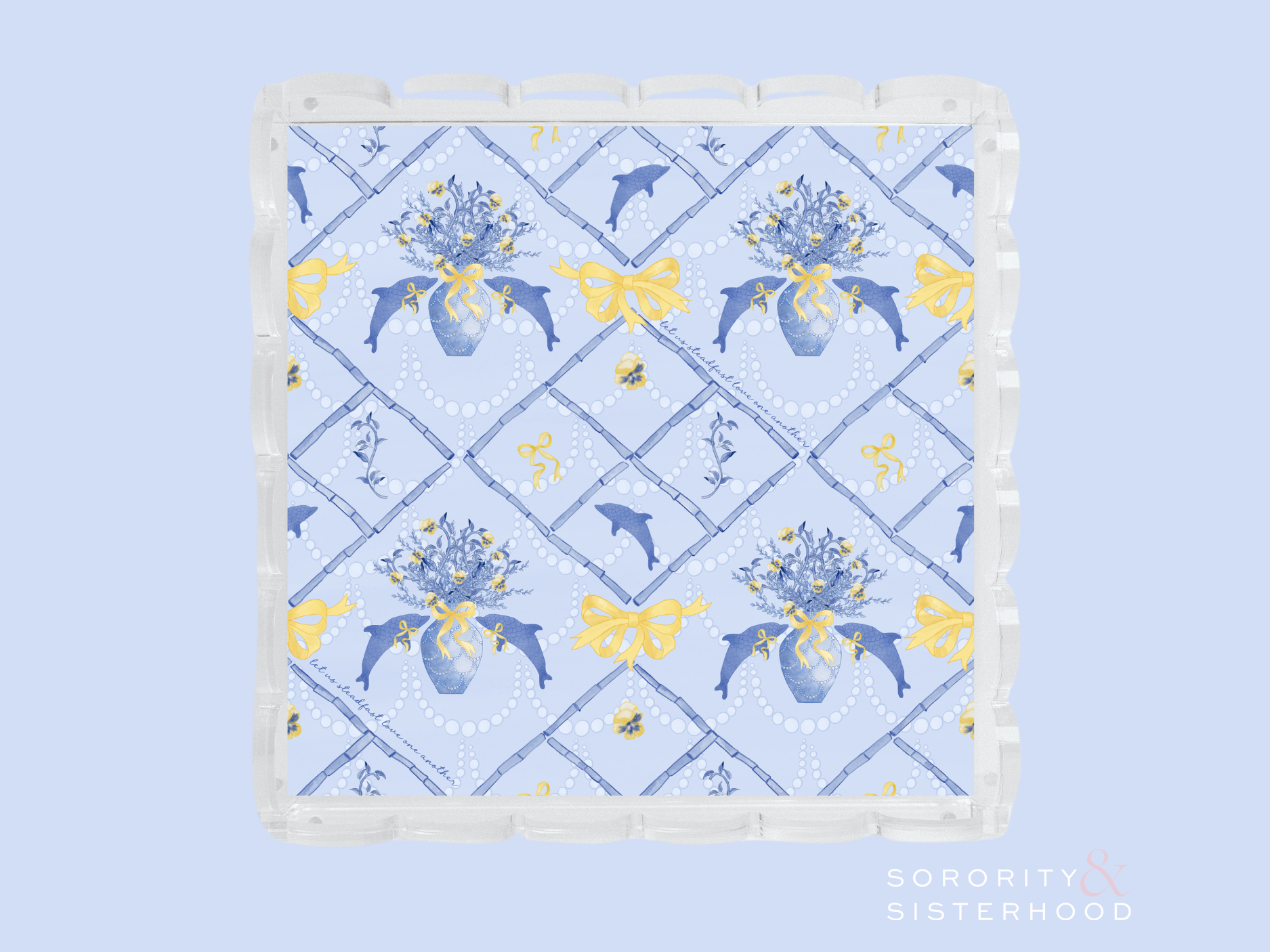 Square acrylic tray with scalloped edges, blue and yellow floral and butterfly pattern.