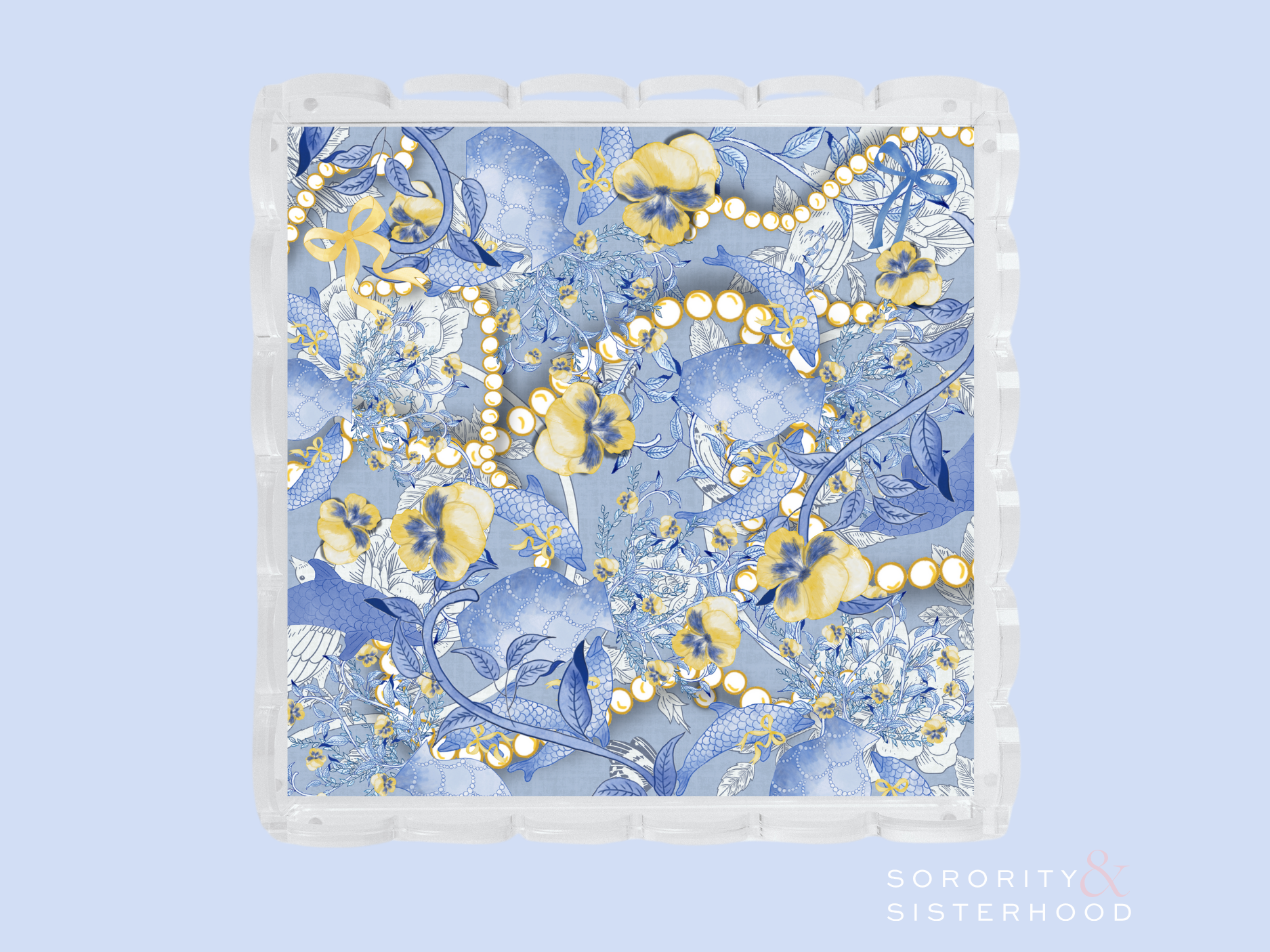 Square acrylic tray with scalloped edges featuring blue and gold floral and pearl design.