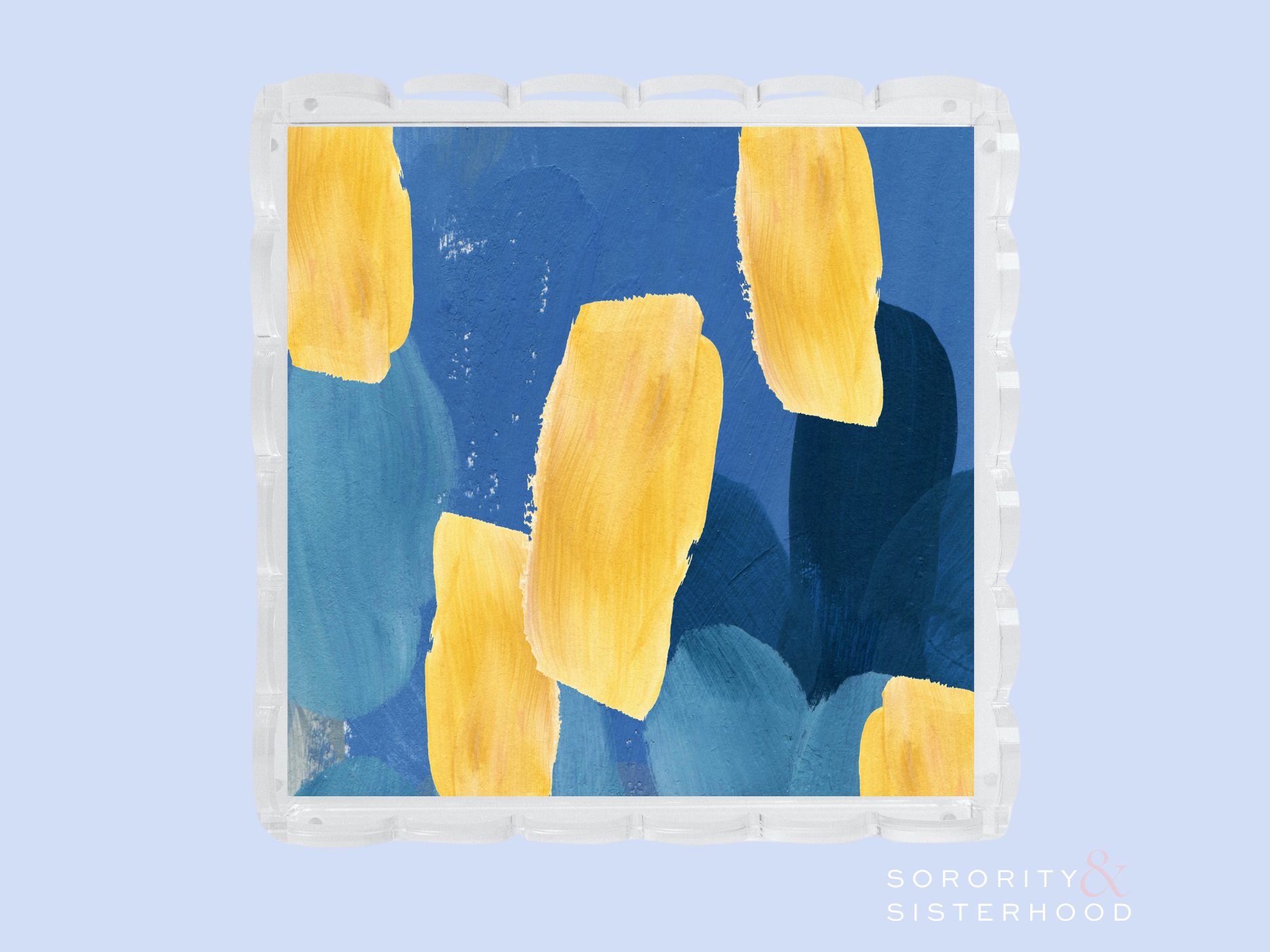 Square acrylic tray with scalloped edges featuring abstract navy, teal, and gold brushstroke design.
