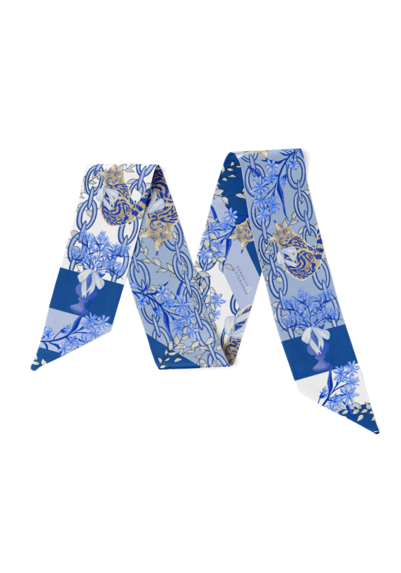 Sapphire & White Heirloom Scarflette™ — 100% silk hand-illustrated scarflette