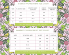 Bamboo pajama shorts size chart with measurements for X-Small to Large on floral background.