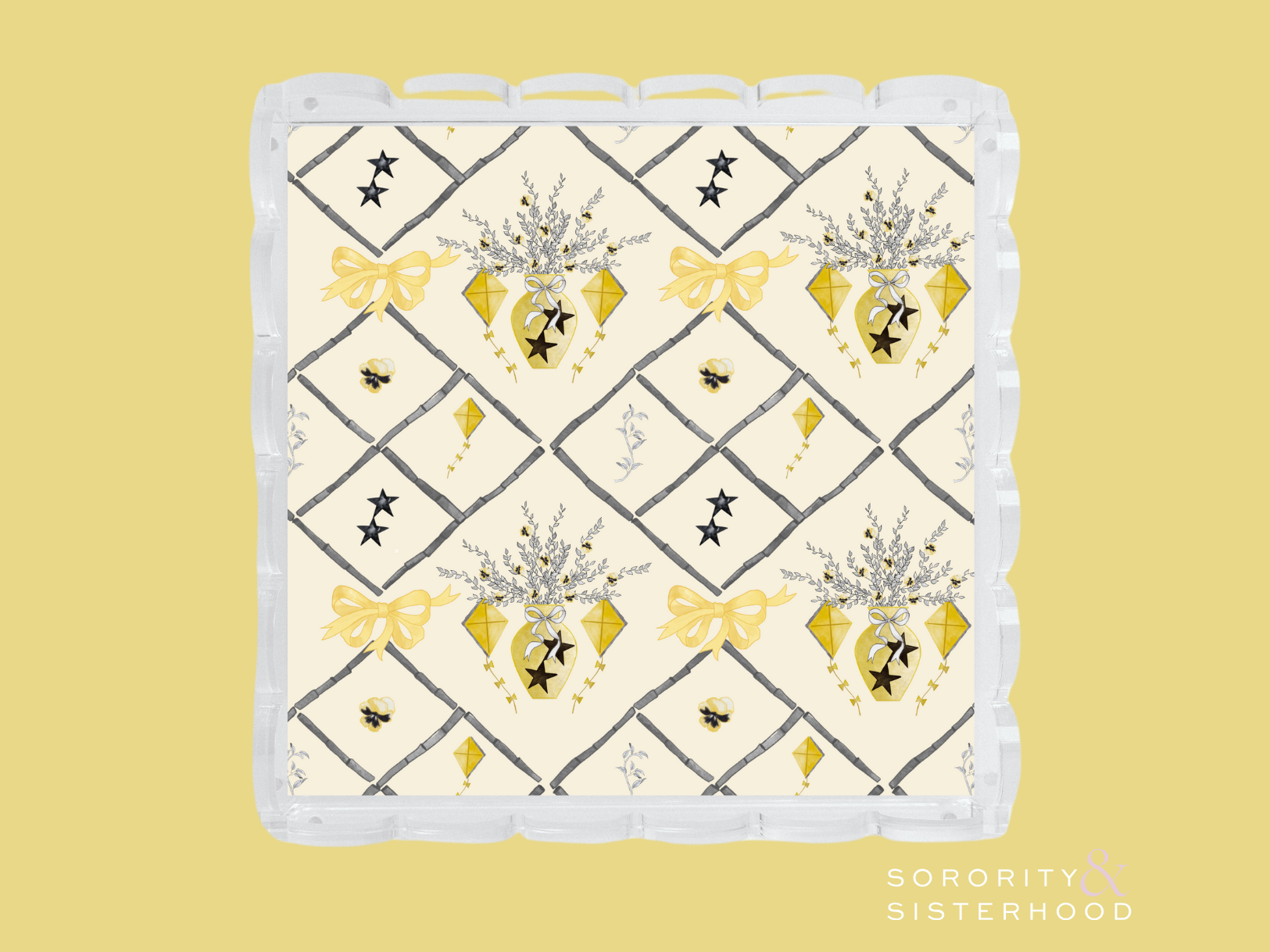 Square ceramic tray with scalloped edges, cream background, gold hearts, bows, and black diamond pattern.