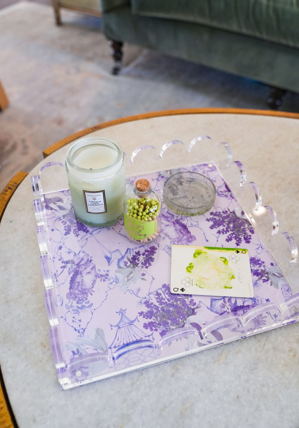 Purple & White Acrylic Scalloped Tray — acrylic scalloped tray with hand-illustrated magnetic insert