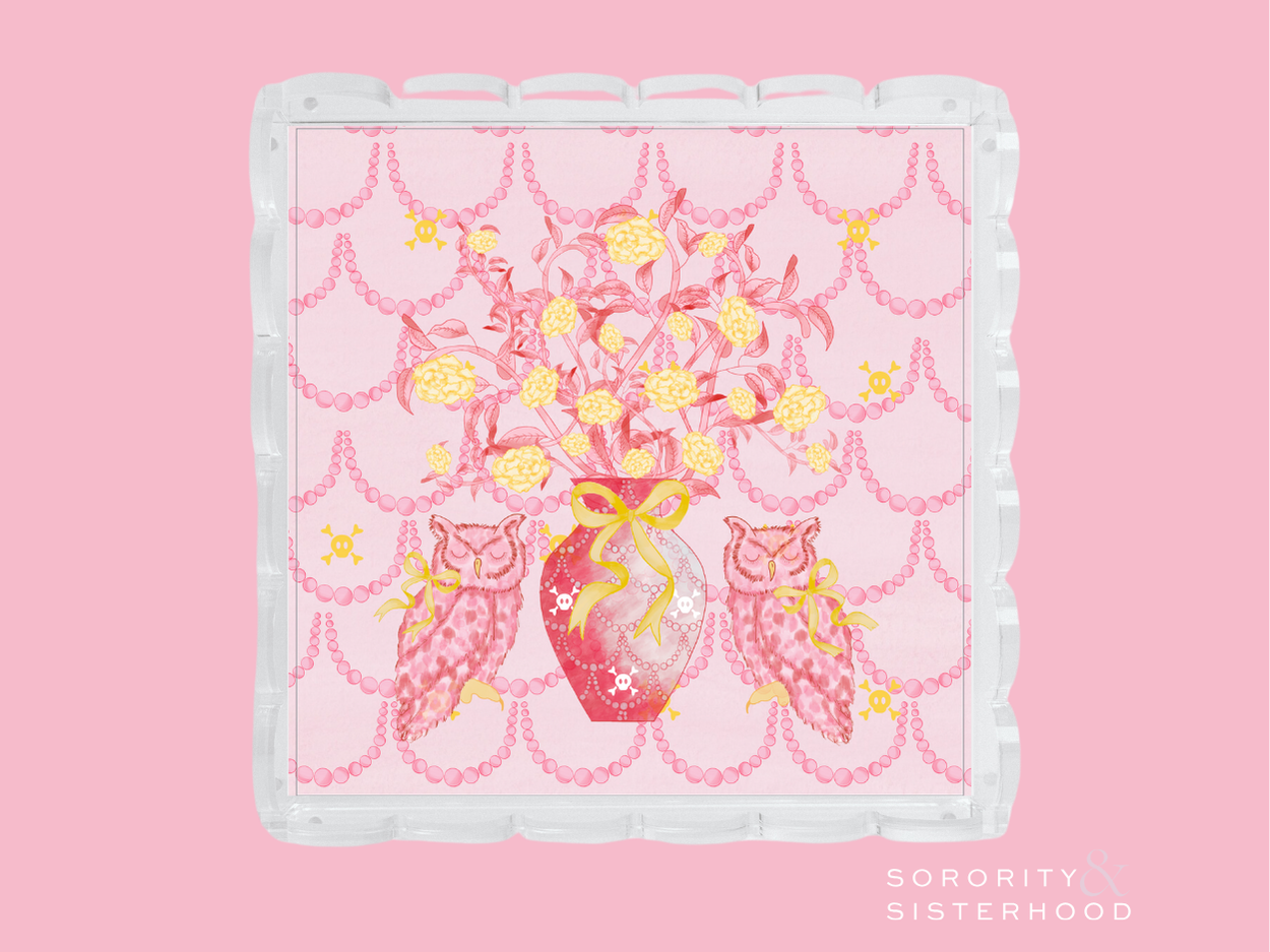 Clear acrylic tray with scalloped edges and pink and gold floral Chi Omega design.