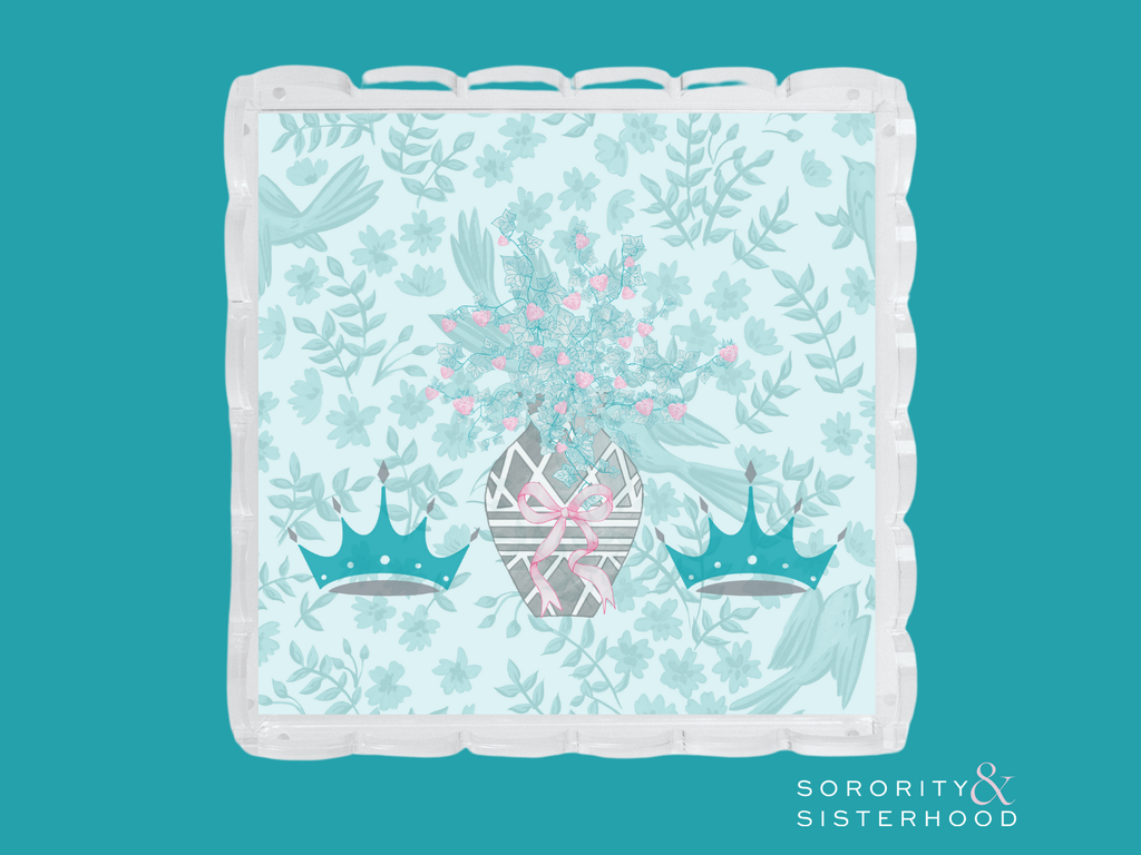 Light blue acrylic tray with scalloped edges, Zeta Tau Alpha symbols, and floral design.