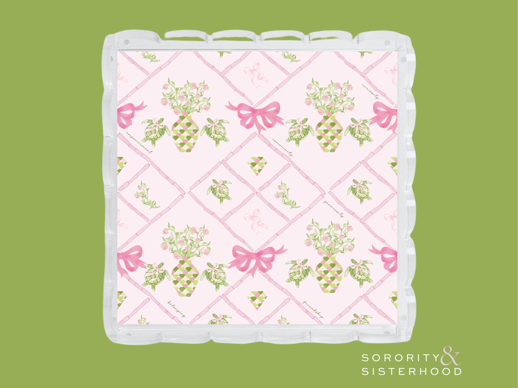 Rectangular acrylic tray with pink scalloped edges, featuring floral and green grapevine patterns with pink bows on a light.
