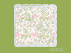 Square acrylic tray with scalloped edges and pink floral pattern inside.