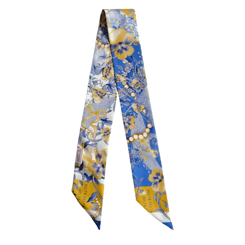 Blue and gold floral patterned silk scarflette with butterfly and coin motifs.