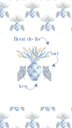 White pajama shorts with blue fleur-de-lis, owls, and key pattern.