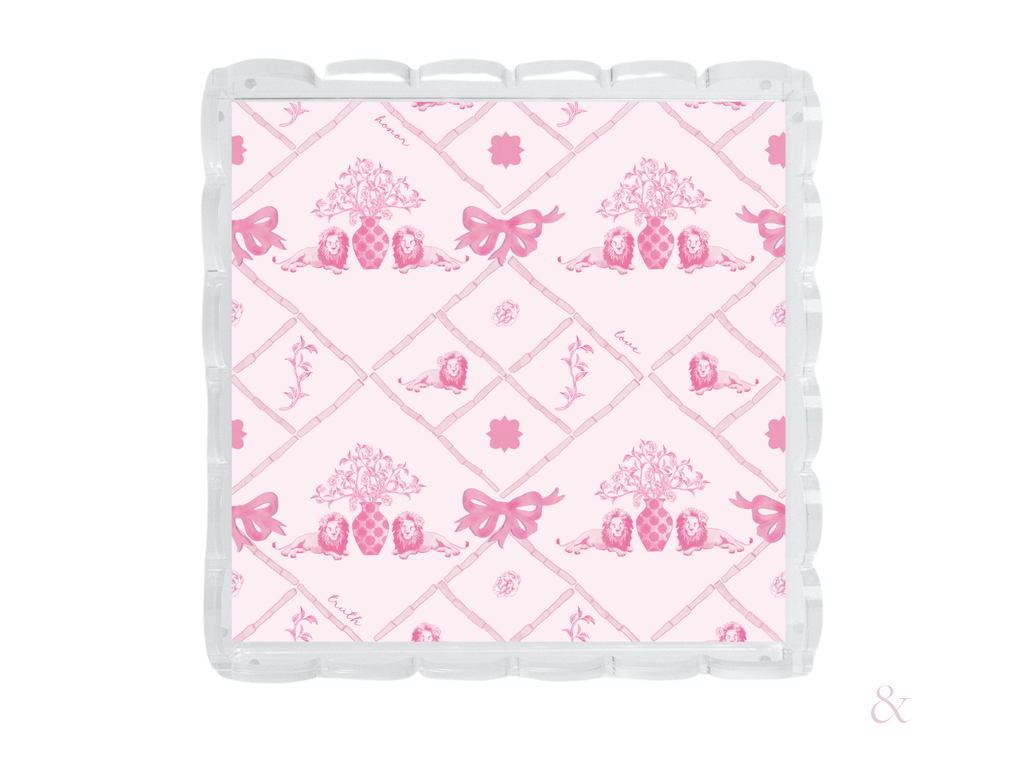 Square tray with clear scalloped edges and pink Phi Mu sorority pattern on a light pink background.