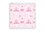 Square tray with clear scalloped edges and pink Phi Mu sorority pattern on a light pink background.
