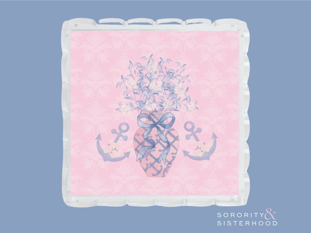 Square acrylic tray with scalloped edges, pink background, central pineapple and anchor design in blue and lavender tones.