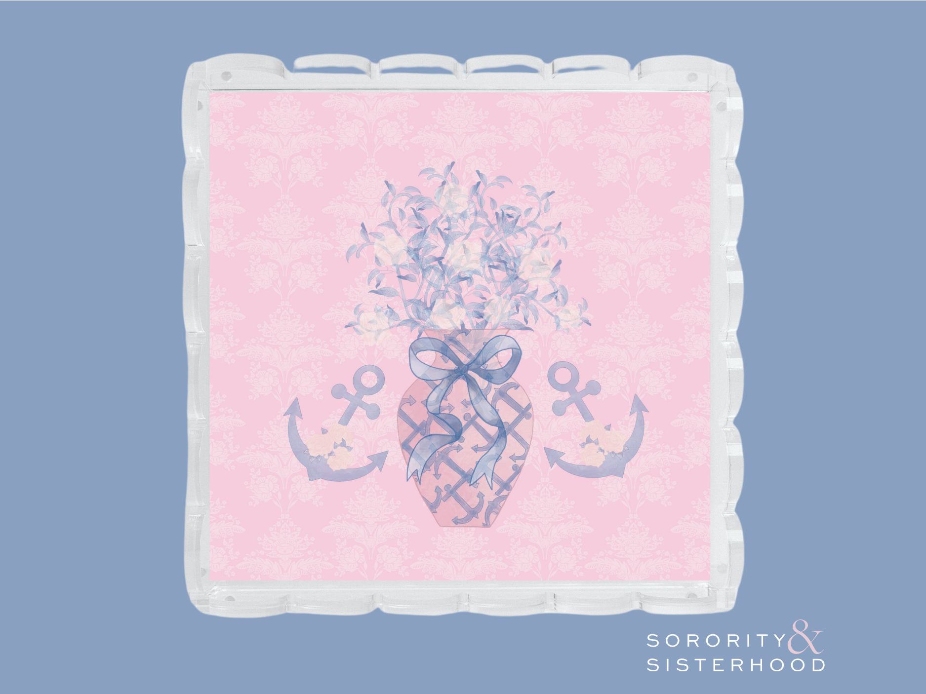 Square acrylic tray with scalloped edges, pink background, central pineapple and anchor design in blue and lavender tones.