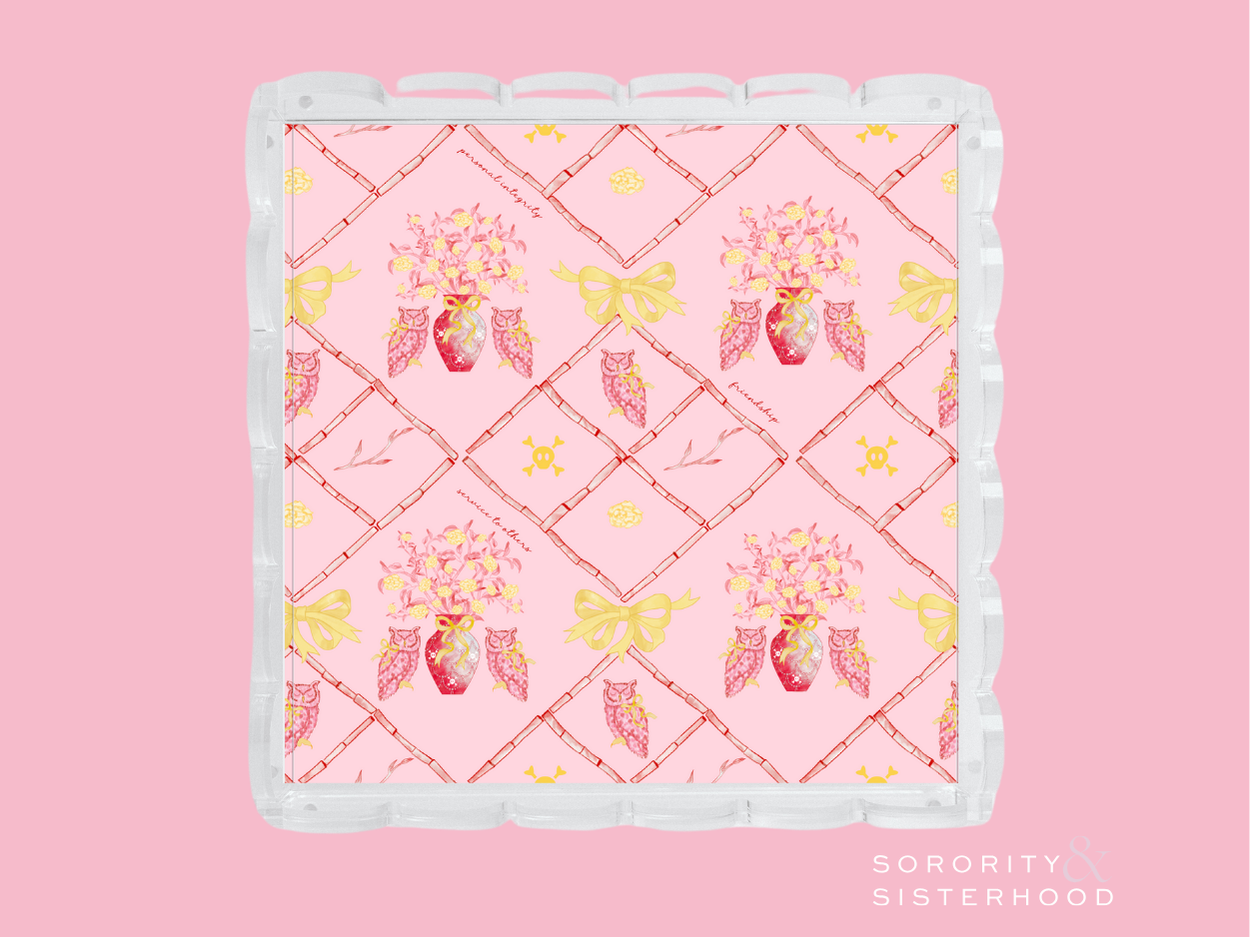 Square acrylic tray with scalloped edges, pink background, floral and butterfly pattern, gold accents.