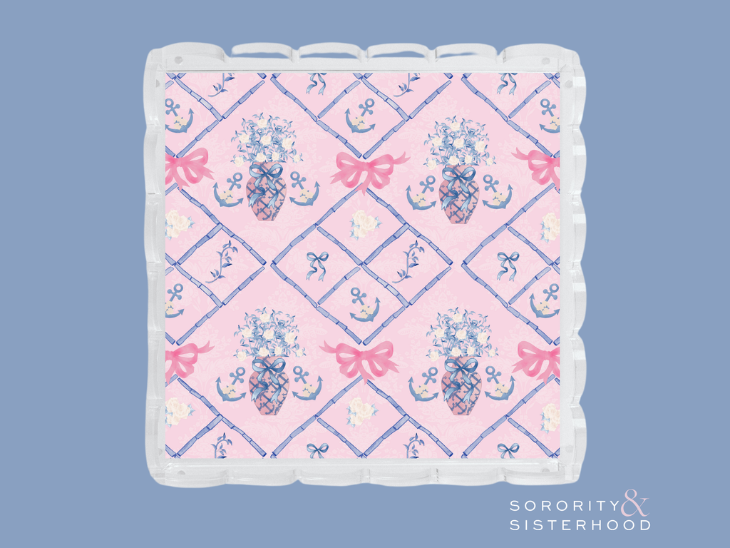 Square acrylic tray with scalloped edges, pink and blue Delta Gamma crest pattern.