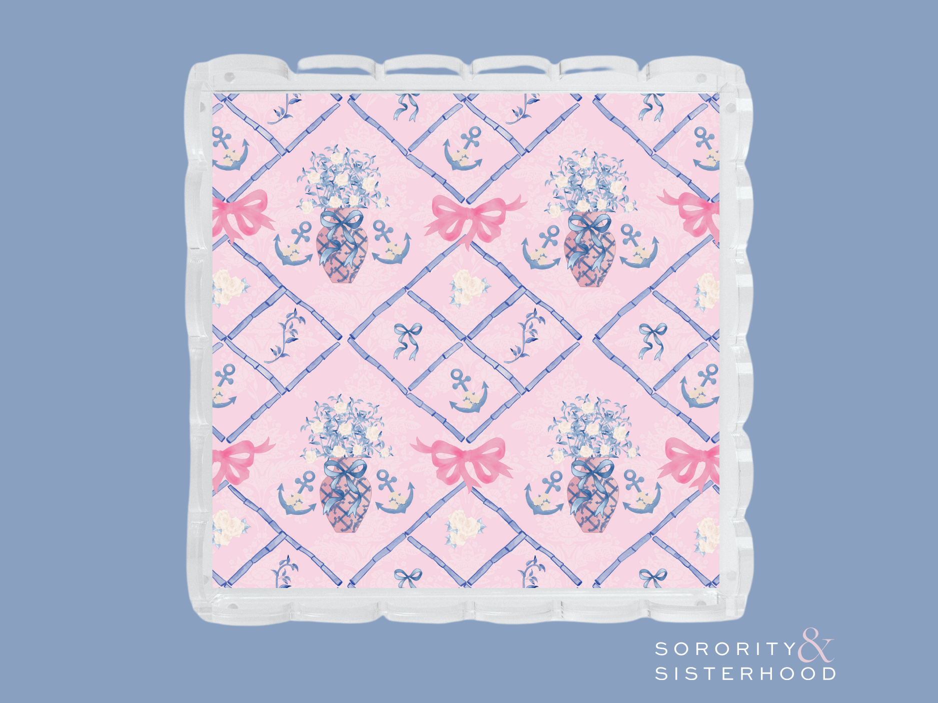 Square acrylic tray with scalloped edges, pink and blue Delta Gamma crest pattern.