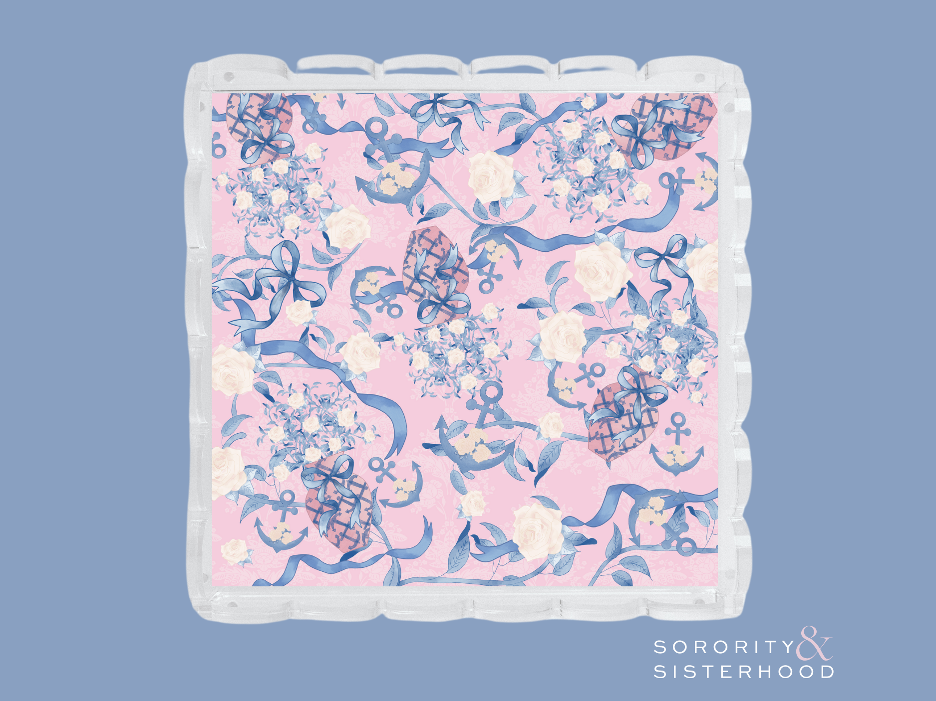 Acrylic tray with scalloped edges featuring a pink background and blue floral design.