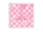 Pink square scalloped tray with white quatrefoil pattern and Phi Mu crest logo center.