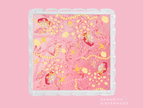 Square acrylic tray with scalloped edges, pink floral and gold pearl design, Chi Omega sorority logo.