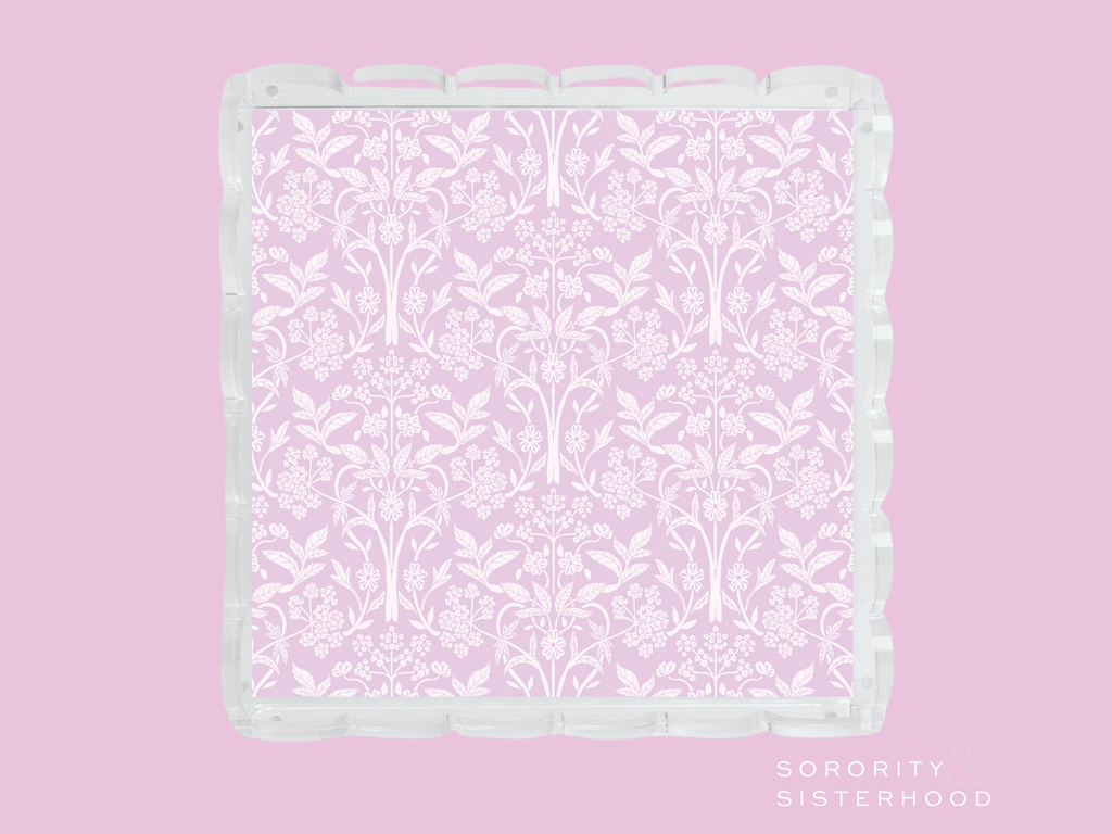Lavender scalloped tray with white damask pattern and glossy scalloped edges.