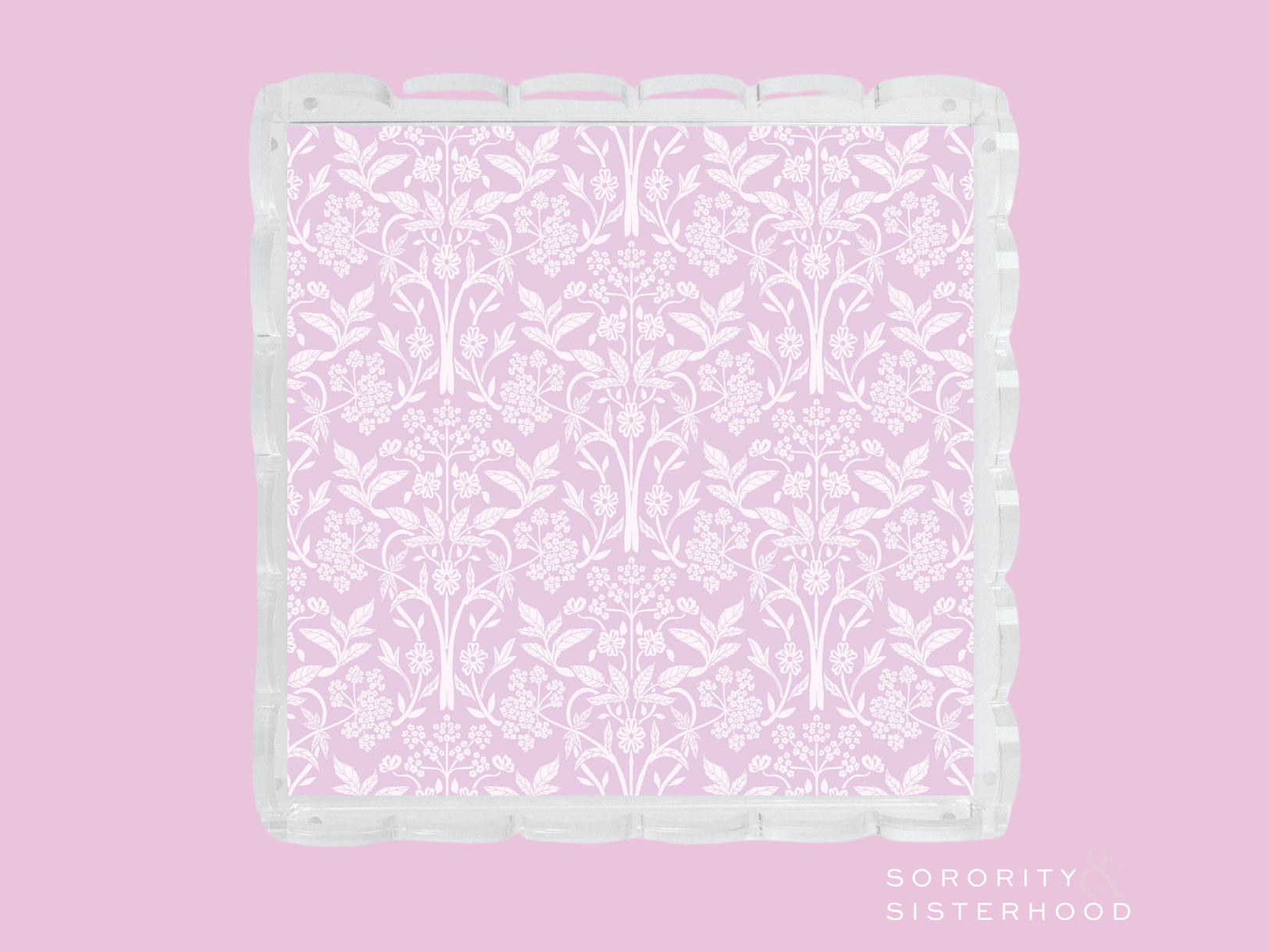 Lavender scalloped tray with white damask pattern and glossy scalloped edges.