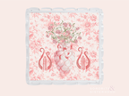 Clear acrylic tray with scalloped edges, pink floral background, lyre symbols, and floral pineapple design in center.