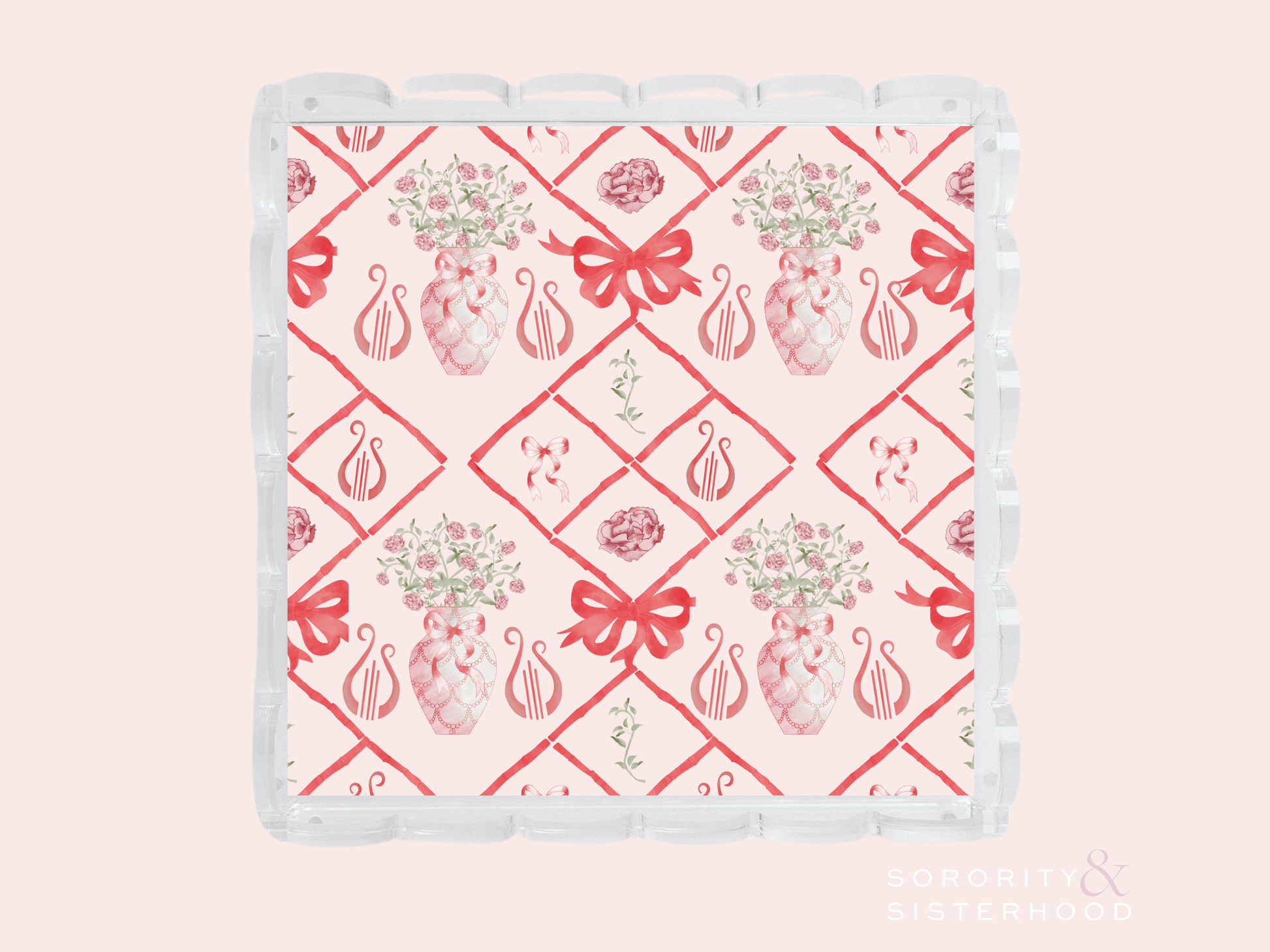 White acrylic tray with scalloped edges featuring red Alpha Chi Omega logos and floral designs in a diamond pattern.