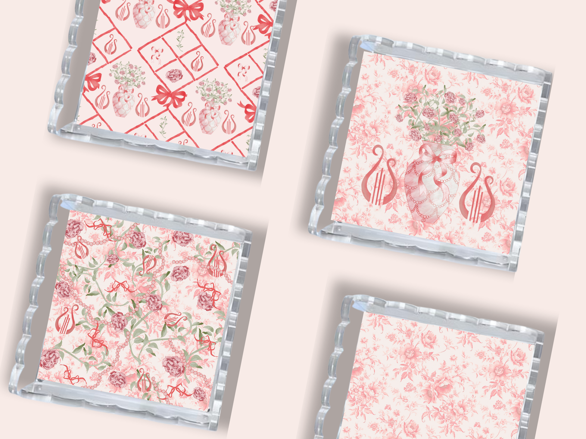 Set of four acrylic trays with scalloped edges featuring pink floral and sorority-themed patterns.