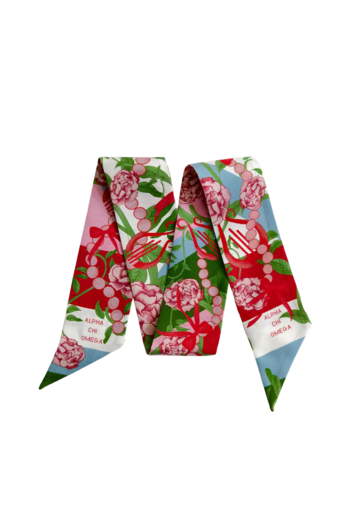 Silk scarflette with vibrant pink, red, and green floral pattern and Alpha Chi Omega emblem.