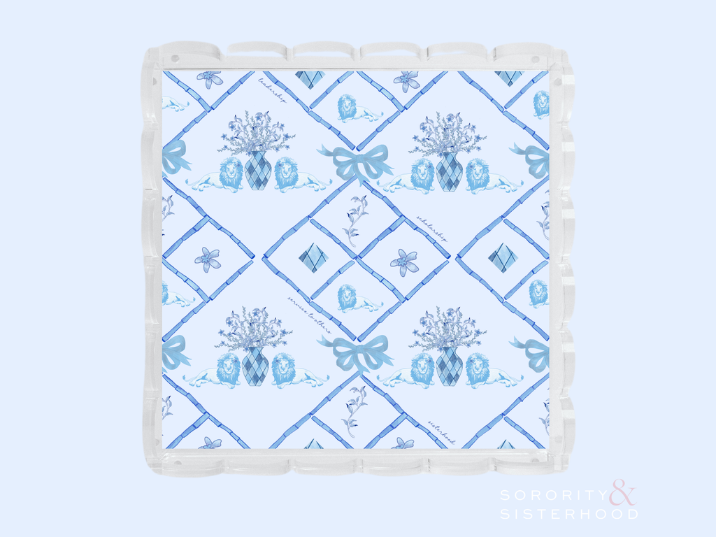 Square acrylic tray with scalloped edges and blue floral diamond pattern design.
