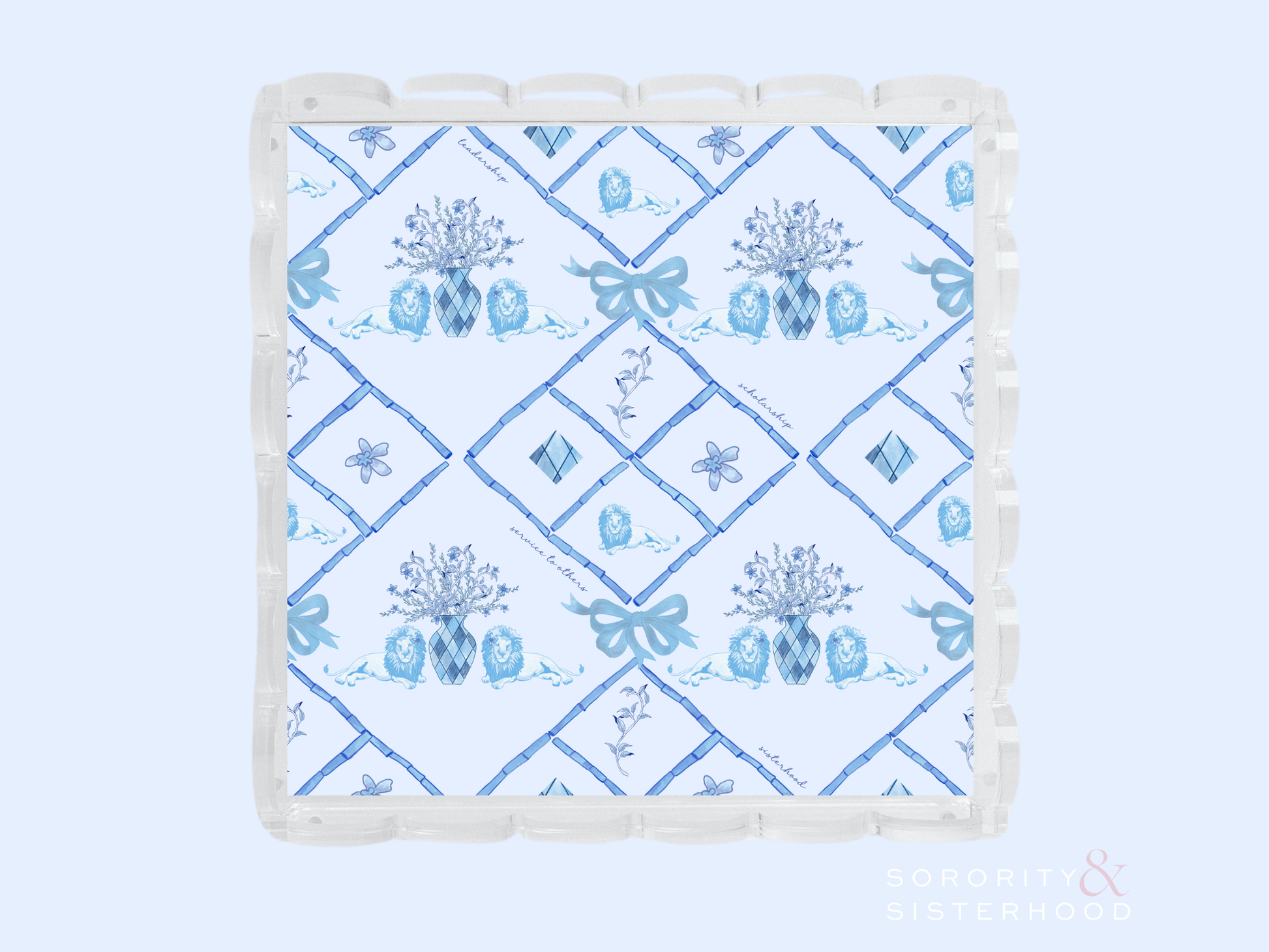 Square acrylic tray with scalloped edges and blue floral diamond pattern design.