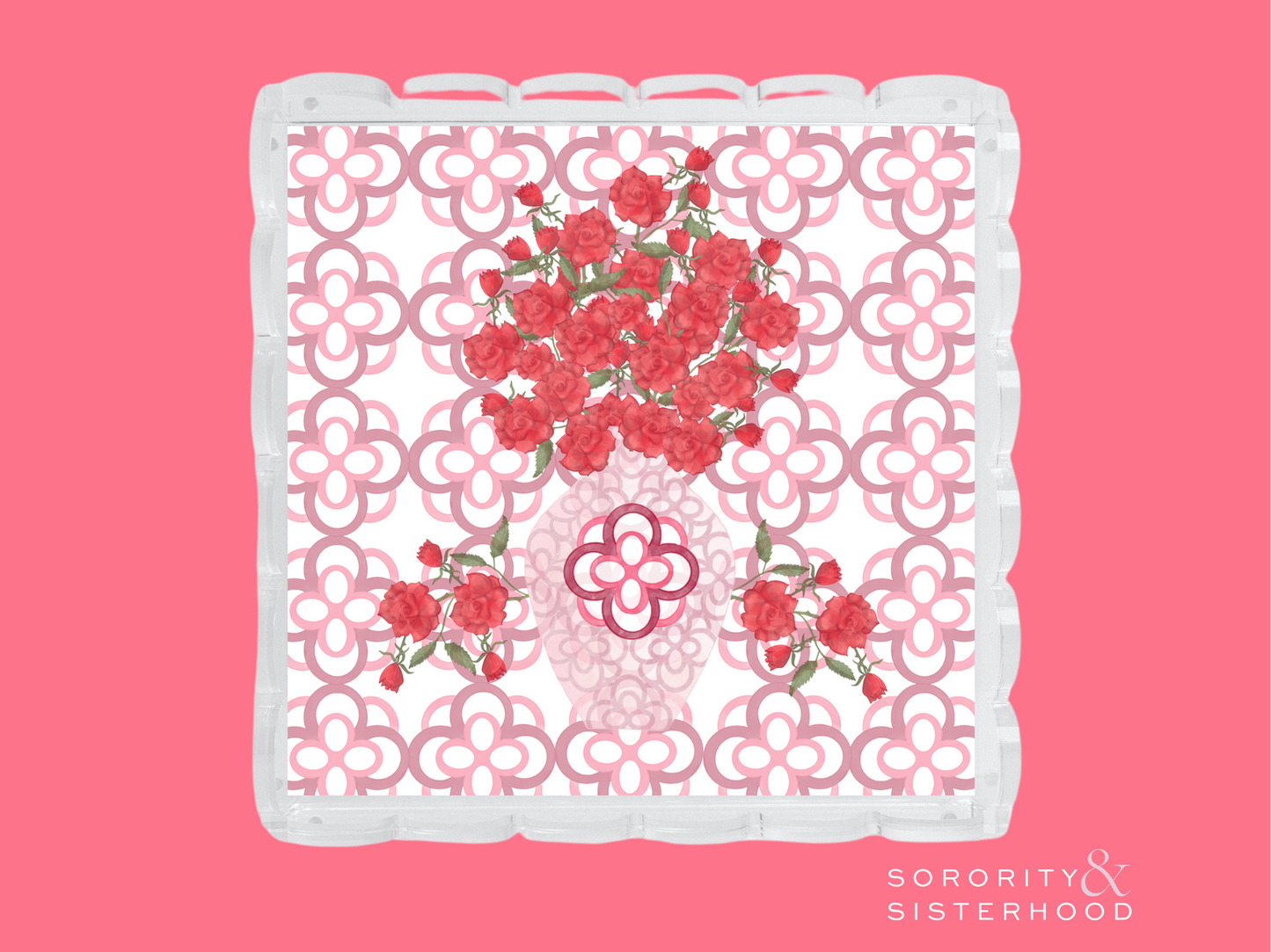 Square acrylic tray with scalloped edges, pink geometric pattern, and red floral accents.