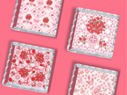 Set of four square acrylic trays with scalloped edges, featuring red, pink, and white floral and geometric patterns.