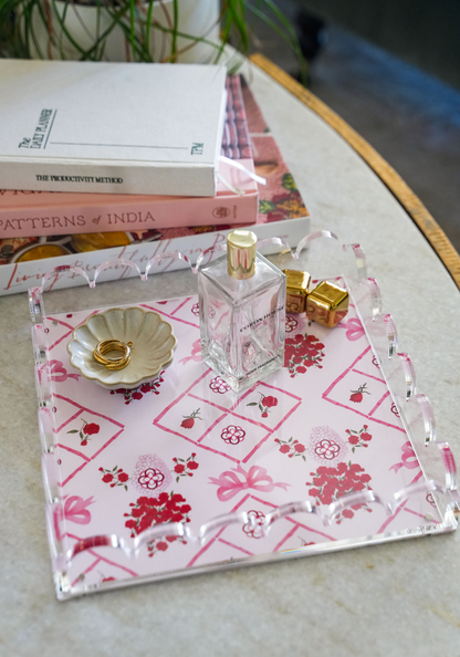 Rectangular acrylic tray with scalloped edges and pink floral and geometric Alpha Omicron Pi design.