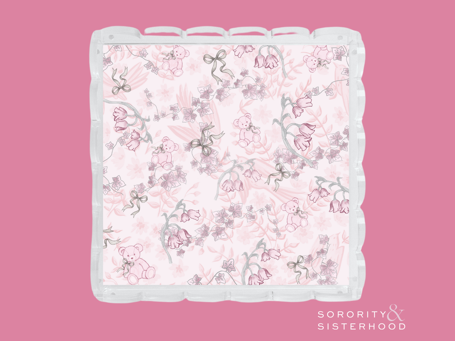 Square acrylic tray with scalloped edges and pink floral Alpha Phi sorority design.