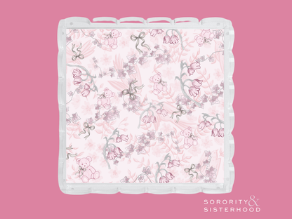 Square acrylic tray with scalloped edges and pink floral Alpha Phi sorority design.